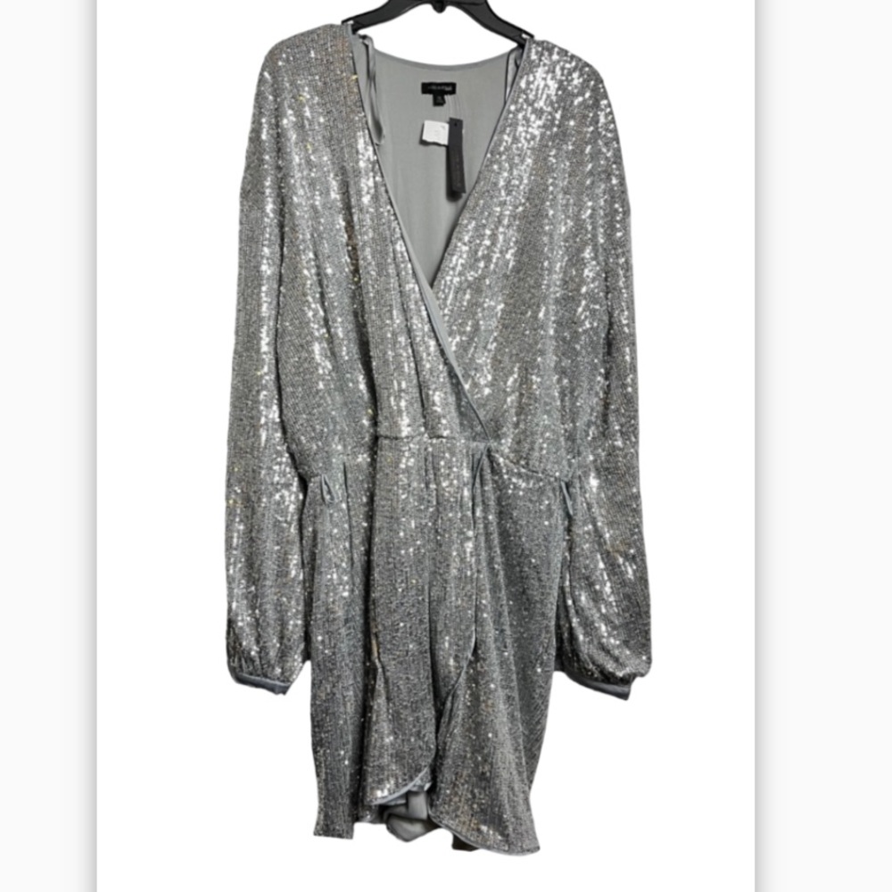 Miss Avenue NWT Silver Sequin Long Sleeve Faux Wrap Plunging Neckline Dress  1X